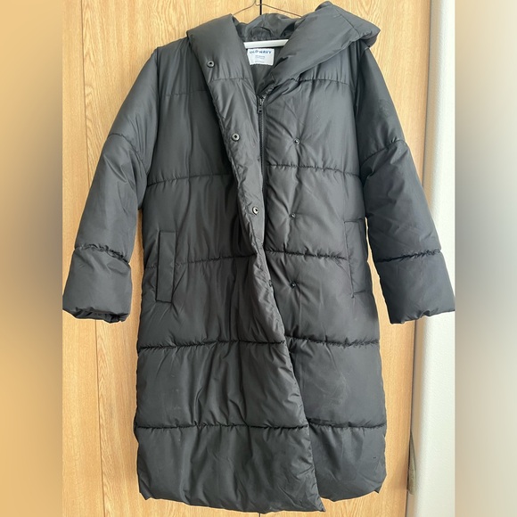 Old Navy Black Water Resistant Long Hooded Puffer Jacket - Picture 2 of 4